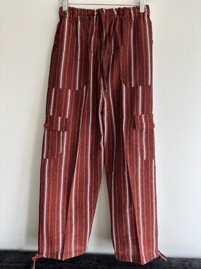 Peru/Ecuador Handmade Cotton Boho Unisex Brow Striped Joggers Pants Medium